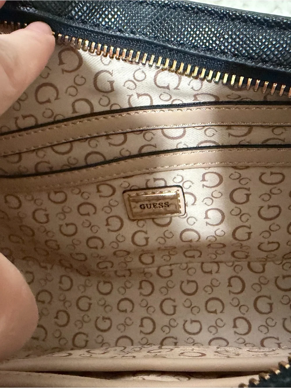 GUESS Black Crescent Shoulder Bag with Gold Charm Chain Accents